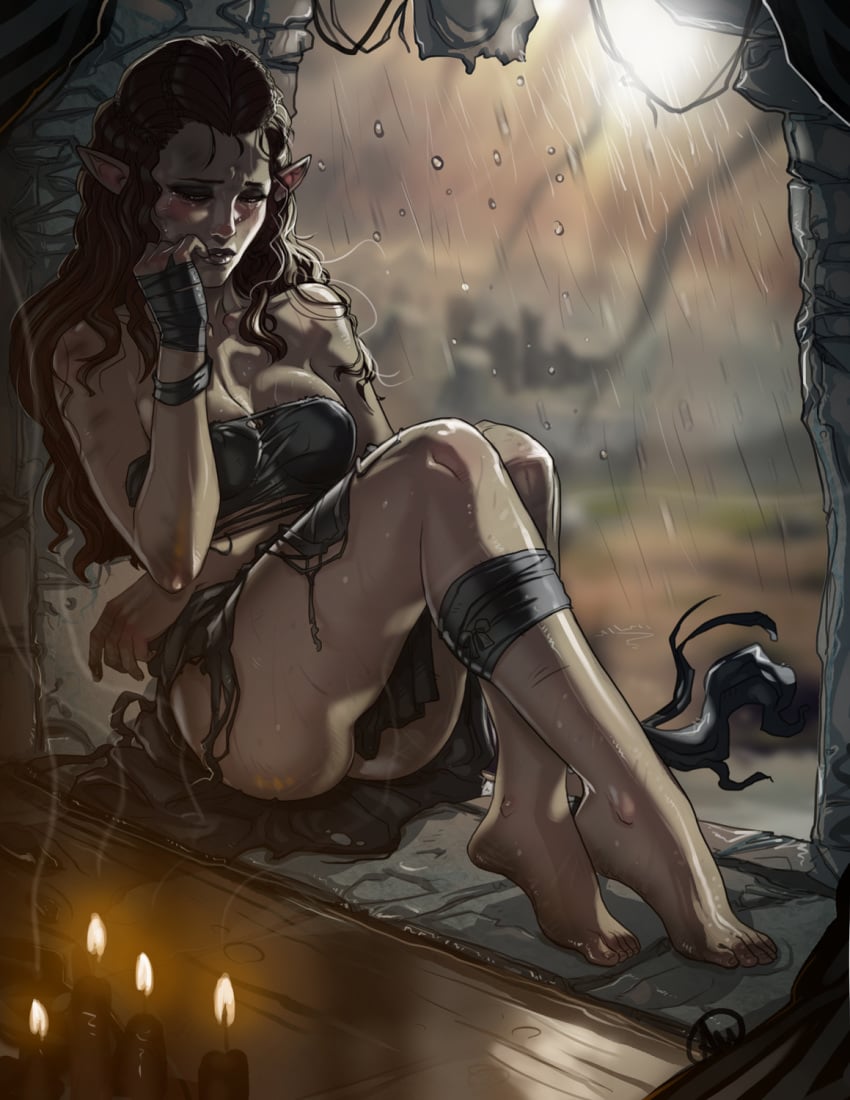 1girls ass bandage barefoot brown_hair cleavage elf elf_ears elf_female feet female female_only ganassa long_hair lord_of_the_rings pointy_ears rain sad sitting solo solo_female tauriel tears the_hobbit toes torn_clothes