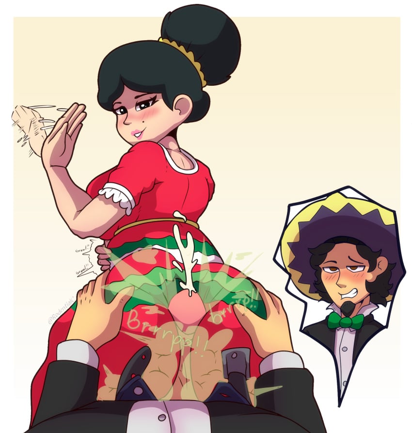 beauty_mark bedroom_eyes black_hair bloated_belly buttjob covered_buttjob cum cumming eyes_rolling_back fart fart_fetish fart_on_dick farting farting_on_dick fartjob female female/male hair_bun hispanic latina layla_(jimmito_v) looking_at_viewer looking_back mariachi original_character pov sombrero waving_hand