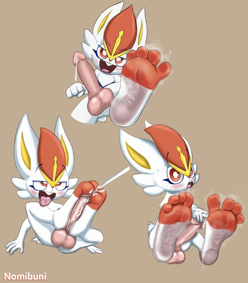 absurd_res anthro autofootjob bodily_fluids cinderace cum feet foot_fetish foot_focus foot_play footjob generation_8_pokemon genital_fluids hi_res looking_at_viewer male musk nintendo nomibuni pokemon pokemon_(species) self_footjob sex soles solo