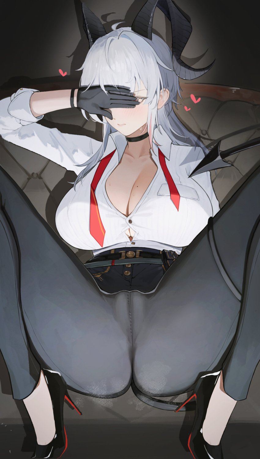 absurdres ahoge black_choker black_gloves black_horns black_pants black_shoes black_tail blush breasts button_gap cameltoe choker closed_mouth collarbone collared_shirt commentary curled_horns demon_tail female gloves grey_hair hand_up heart high-waist_pants high_heels highres horns jiuzaiqianjitian large_breasts long_hair m_legs mole mole_on_breast multicolored_hair necktie pants red_necktie shirt shirt_tucked_in shoes solo spread_legs streaked_hair tail tight_clothes tight_pants undone_necktie white_shirt wuthering_waves zani_(wuthering_waves)