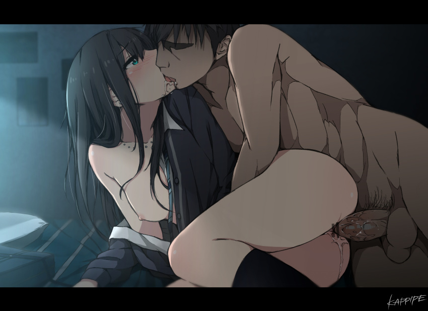 1boy absurdres artist_name black_hair blush breasts censored earrings female green_eyes highres human idolmaster idolmaster_cinderella_girls jewelry kappipe_(brd0520) kissing kneehighs letterboxed long_hair male nipples nude penis producer_(idolmaster) pussy_juice sex shibuya_rin spooning straight testicles vaginal_penetration