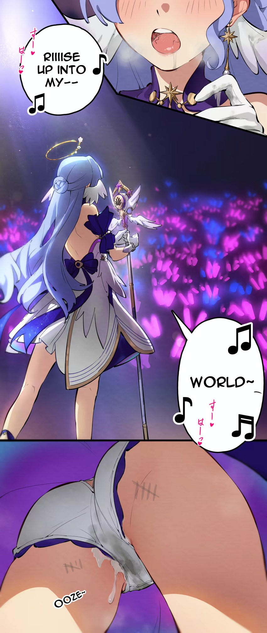 1girls after_sex after_vaginal aqua_eyes ass bare_shoulders blush collar concert cum cum_drip cum_in_panties cum_in_pussy cum_inside cum_leak cum_leaking cum_leaking_down_leg cum_stain cum_wearing dress earrings edit english_text eyes_out_of_frame female female_only halo hi_res highres honkai:_star_rail honkai_(series) light-skinned_female light_skin long_hair mihoyo nashidrop open_mouth panties pubic_hair pubic_hair_in_mouth public robin_(honkai:_star_rail) san_p.dro semen singing solo stained_panties standing stray_pubic_hair text under_skirt wet_panties white_panties wings
