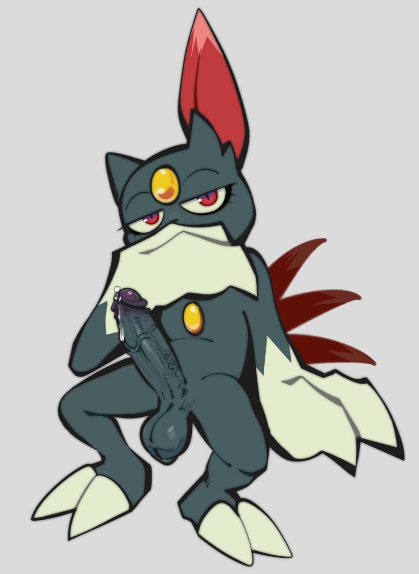 anthro balls biped bodily_fluids chest_gem claws darkluxia dripping erection forehead_gem gem generation_2_pokemon genital_fluids genitals hi_res humanoid_genitalia humanoid_penis looking_at_viewer male narrowed_eyes nintendo penis pokemon pokemon_(species) precum precum_drip scrotum_flap simple_background sneasel solo toe_claws vein veiny_penis