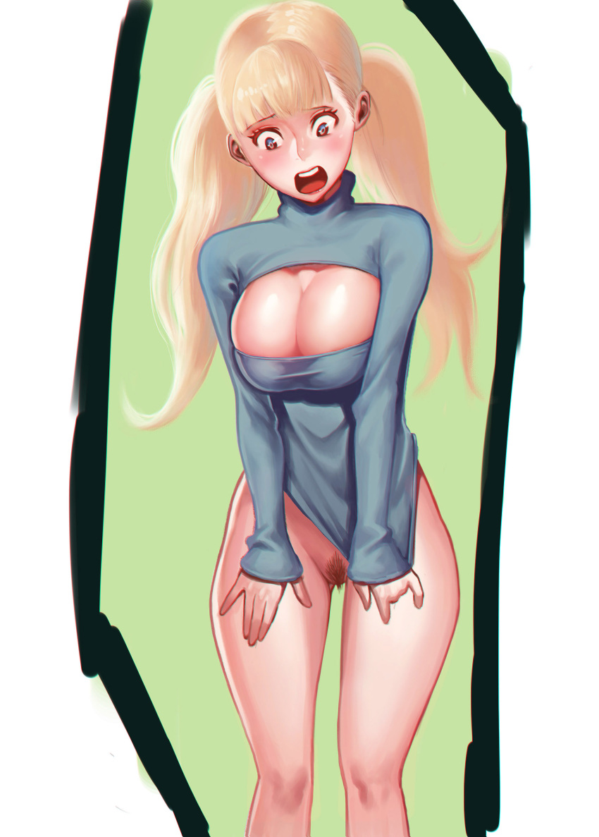 1girls absurdres bangs blonde_hair blush breasts chopguy female highres large_breasts long_hair looking_down open-chest_sweater open_mouth original pubic_hair solo sweater sweater_tug taut_shirt tied_hair tight_clothes twintails