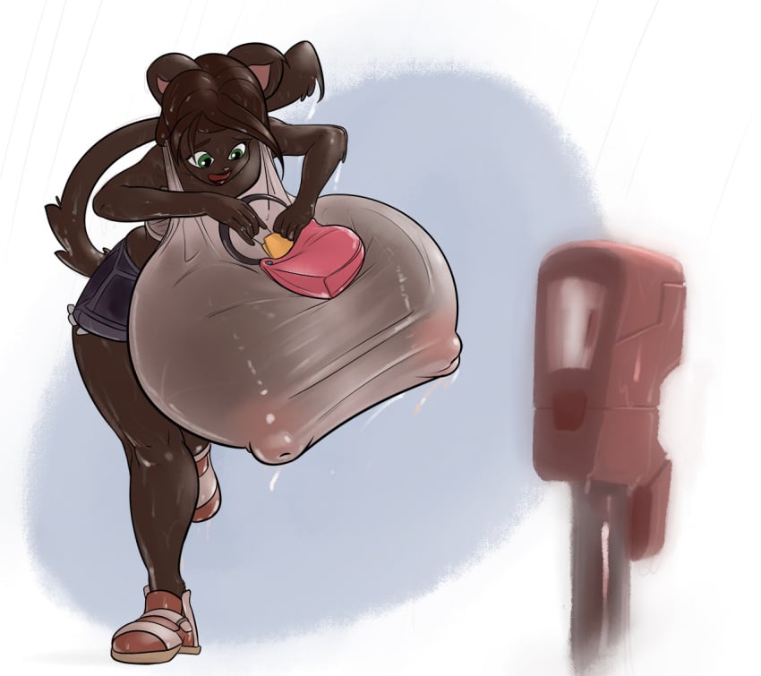 1girls anthro areolae ass black_fur black_hair breasts feline feline feline_humanoid female female_focus female_only furry green_eyes hips hyper_breasts javkiller large_breasts nipples purse rain raining short_shorts shorts thick_thighs thighs wet wet_shirt