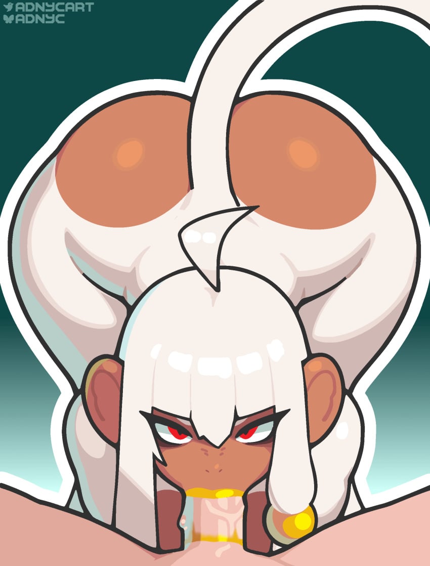 absurd_res adnyc anthro anthro_penetrated ass big_butt brown_body brown_skin dark_body dark_skin disembodied_penis duo fellatio female female_anthro female_on_human fur genitals hair haplorhine hi_res human human_on_anthro human_penetrating human_penetrating_anthro interspecies lipstick looking_at_viewer makeup male male/female male_on_anthro mammal monkey oral penetration penile penis primate red_eyes sex tail thick_thighs white_body white_fur white_hair wide_hips wuming_(adnycart) yellow_lipstick