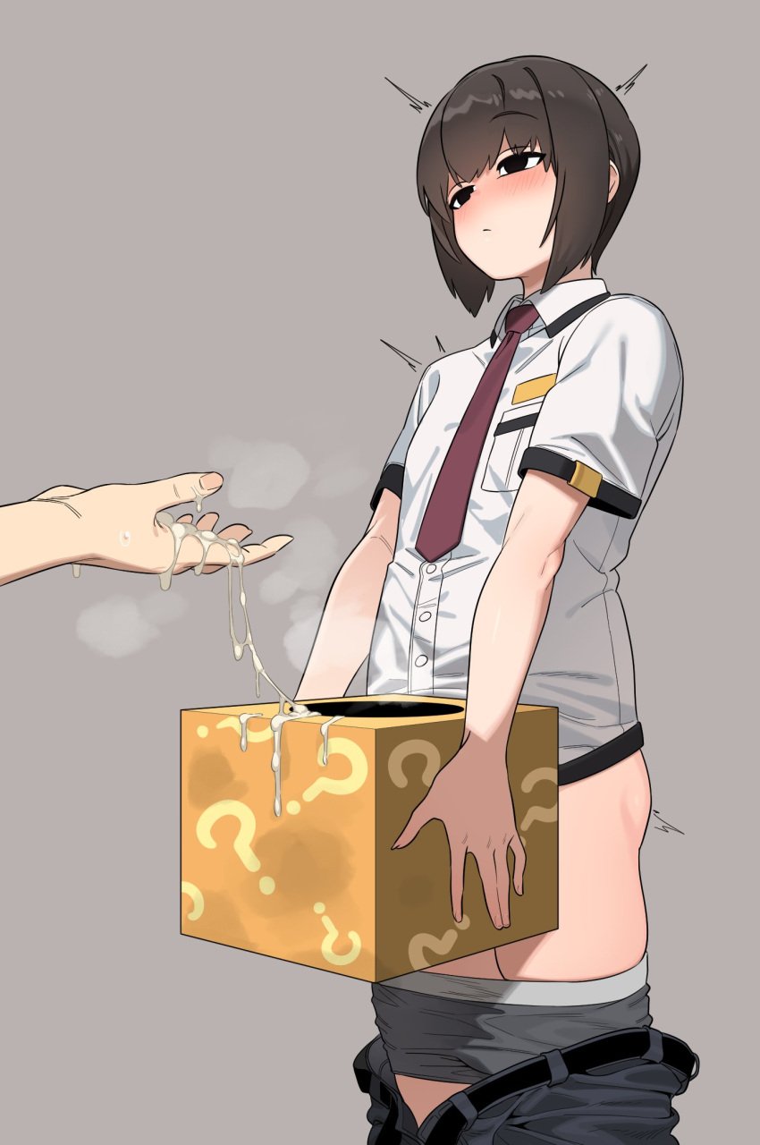 2boys after_ejaculation androgynous black_eyes blush box brown_hair closed_mouth clothes_pull collared_shirt cum cum_on_body cum_on_hands cum_string cumdrip feet_out_of_frame grey_background grey_male_underwear highres holding holding_box in_(ain) looking_at_another male male_focus male_underwear medium_hair multiple_boys necktie original out_of_frame pants pants_pull red_necktie school_uniform shirt short_sleeves simple_background solo solo_focus underwear white_shirt