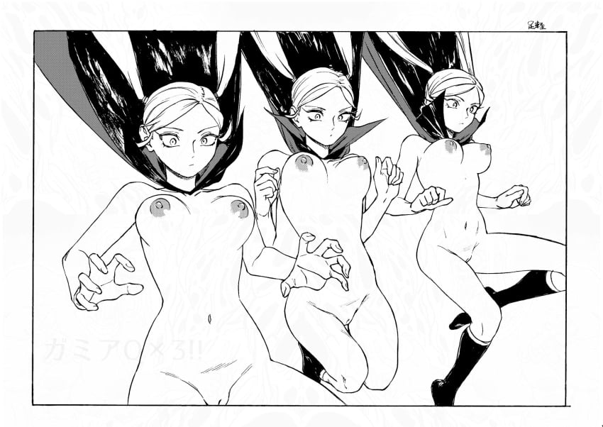 3girls android breasts cape cleft_of_venus curled_fingers expressionless falling gamia_q hands_up high_collar highres kneehighs legs_up long_hair mazinger_(series) mazinger_z medium_breasts multiple_girls naked_cape navel nude pussy siblings sisters socks titslove1127 triplets twintails