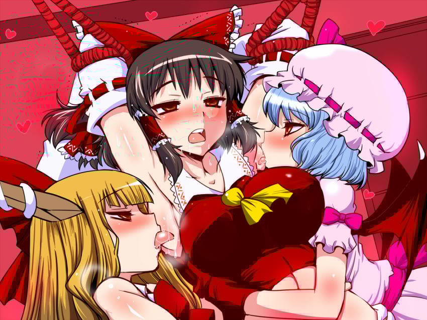 3girls armpit_fetish armpit_licking armpits bat_wings blue_hair blush bondage breasts brown_hair heart hi_res horns licking_armpit light-skinned_female light_skin red_eyes reimu_hakurei remilia_scarlet sacosaco suika_ibuki sweat tied_up touhou vampire vampire_girl yuri