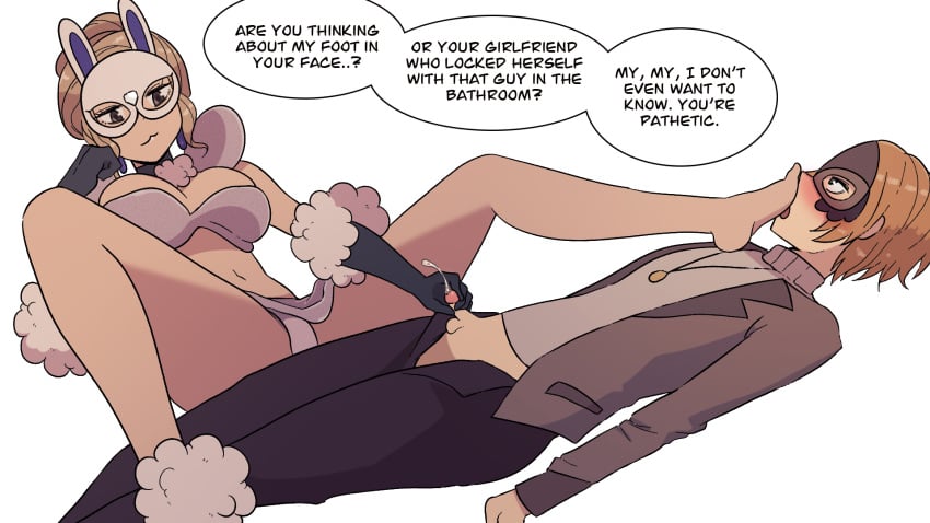 1boy 1girls balls blonde_female blonde_hair blonde_hair_female blonde_hair_male blush blushing_male bullying bunny_ears bunny_girl collared_shirt cuckold cuckolding cuckoo_mask cuckquean cum embarrassed embarrassed_male erect_penis erection eye_mask feet feet_on_face feet_worship female female_dominating_male female_domination femdom foot_fetish foot_worship gloved_handjob gloves handjob hasselnut high_res high_resolution highres humiliation humiliation_fetish insult insulting jacket light-skinned_female light-skinned_male light_skin male malesub necklace panties pathetic_male penis pitiful_ejaculation small_penis small_penis_humiliation small_testicles smell smell_fetish smelling_feet teasing testicles tiny_penis unbuttoned unbuttoned_pants white_background white_bra white_panties wolfgang_bang