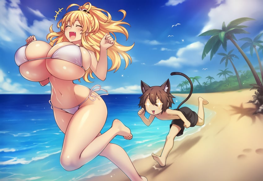 1boy 1girls :3 :d ai_generated animal_ears beach bikini blonde_hair bouncing_breasts breasts_bigger_than_head brown_hair bursting_breasts cat_boy cat_ears cat_tail chasing closed_eyes curvy fang female gigantic_breasts happy huge_breasts long_hair male neptunia_(series) no_shirt novelai open_mouth original original_character outdoors peashy ponytail running self_upload shiny_skin side-tie_bikini skindentation smile sparkling_eyes string_bikini swimming_trunks tail wide_hips yellow_heart_(neptunia)