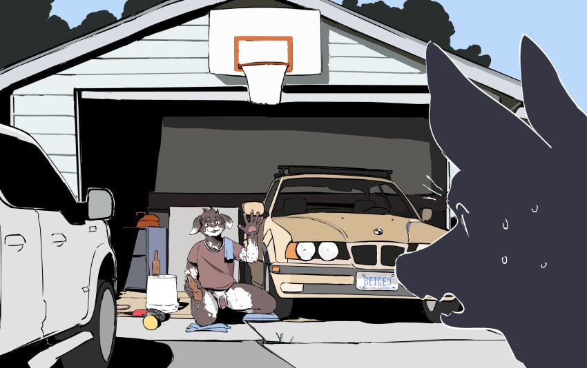 alcohol anthro balls basketball_hoop beer beer_bottle beverage bird_dog bmw bmw_e34 bottle canid canine canis clothed clothing container domestic_dog duo foreground_silhouette fur garage genitals gesture hi_res humanoid_genitalia hunting_dog male mammal markings microtransac outside pantsless penis shadow shirt spots spotted_body spotted_fur topwear waving