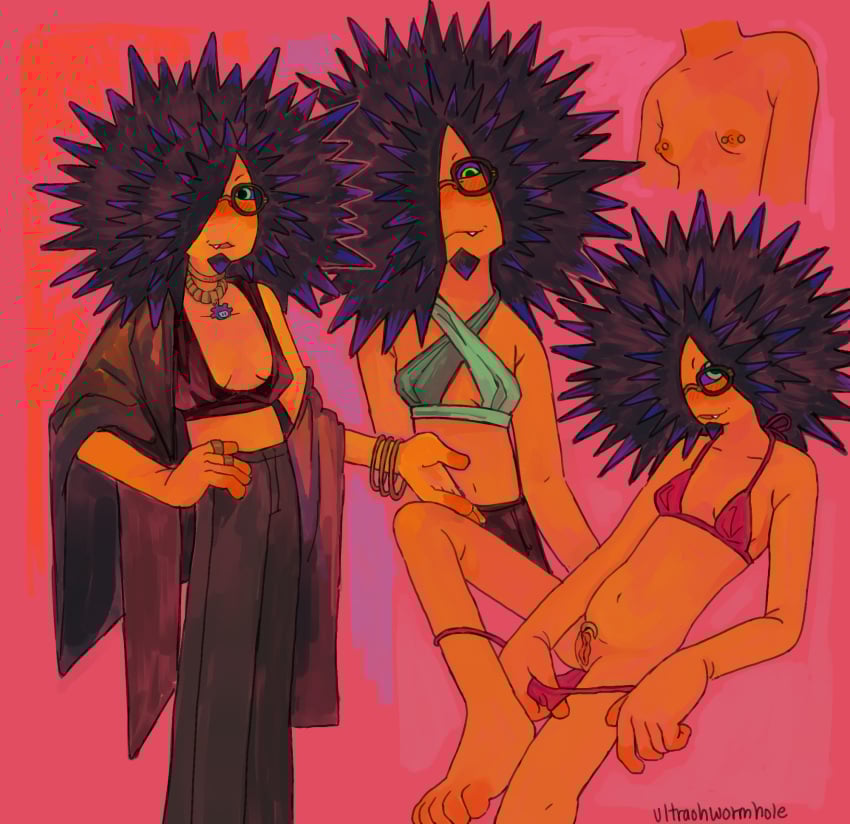 2024 animal_humanoid bikini biped bra bracelet breasts clitoris clitoris_piercing clothed clothing digital_media_(artwork) digital_painting_(artwork) echinoderm echinoderm_humanoid echinozoan echinozoan_humanoid facial_hair female female_humanoid genital_piercing genitals goatee hi_res humanoid jewelry looking_pleasured marine marine_humanoid necklace nintendo nipple_piercing nipples one_eye_obstructed painting_(artwork) panties panties_down partially_clothed piercing pussy ring sea_urchin_humanoid small_breasts smile solo splatoon spyke_(splatoon) swimwear trans_(lore) trans_man_(lore) two-piece_swimsuit ultraohwormhole underwear underwear_down