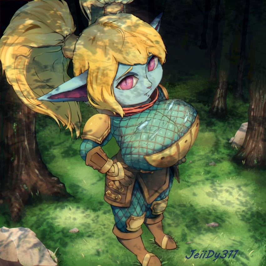 2d 2d_(artwork) 2d_artwork armored_boots armored_female armored_gloves background big_breasts big_butt blue_body curvy forest huge_breasts inminent_sex jeiidy311 league_of_legends looking_at_viewer outdoors outside ponytail ponytails poppy purple_eyes shortstack small_but_busty thick_thighs thighs viewed_from_above viewer_pov yellow_hair yordle yordle_only yordles