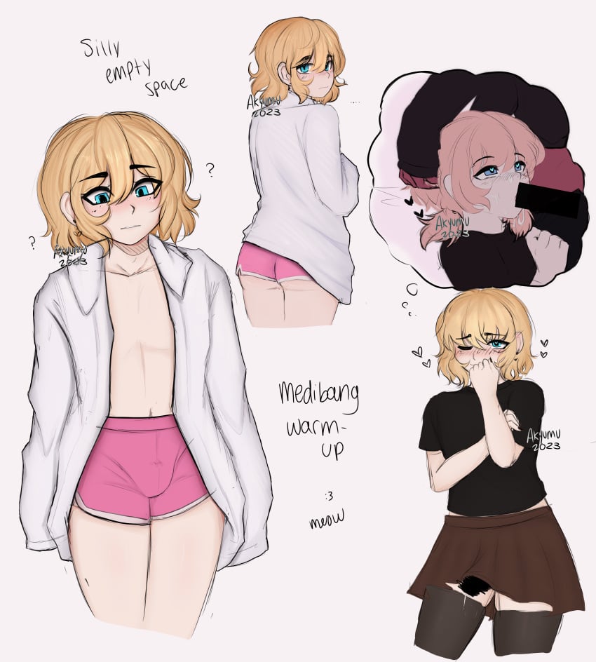 1boy 1femboy 1male 2023 akyumu alternative_body_build ambiguous_gender ass ass ass_focus blonde_hair blue_eyes bulge censored cum erection fellatio femboy femboy_focus femboy_only girly girly_boy looking_at_viewer looking_back looking_down milo_(akyumu) open_shirt oversized_clothes oversized_shirt pink_shorts precum shorts shy skirt square_irises thighhighs white_shirt