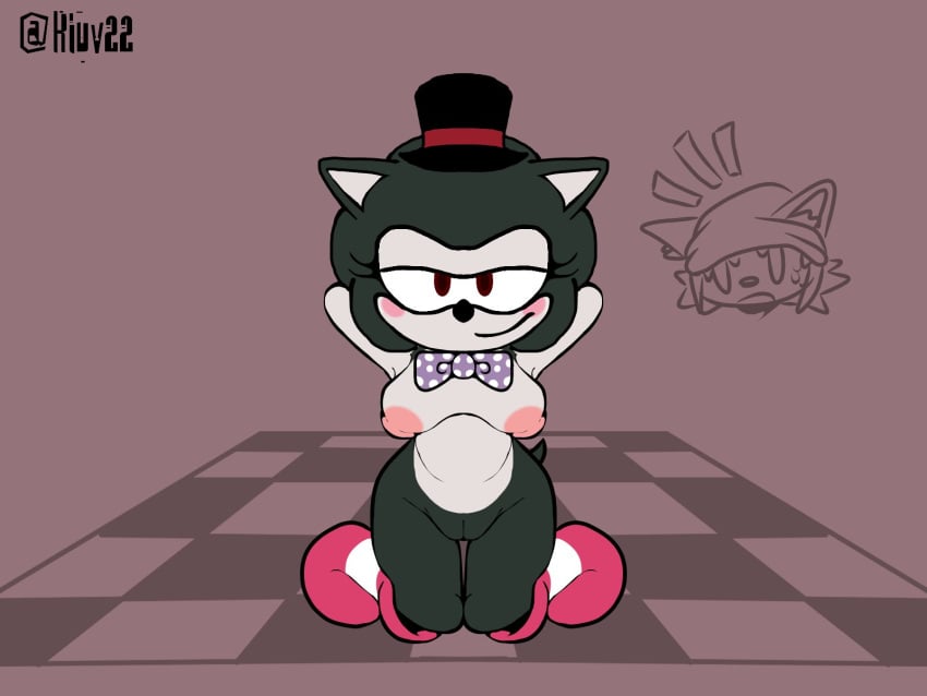 1girls black_fur female_focus female_only five_nights_at_freddy's five_nights_at_sonic's hedgehog hedgehog_girl kiu22v lefty_sonic on_knees pink_cheeks purple_bowtie red_boots top_hat wide_hips