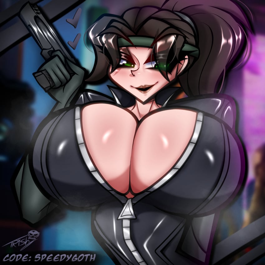 1girls armwear bangs big_breasts black_hair breasts breasts_bigger_than_head breasts_out busty busty_female epic_games eyeshadow female female_focus female_only first_porn_of_character fortnite fortnite:_battle_royale gloves gothtrishy green_eyes headband heart hearts holding_gun holding_object holding_weapon huge_breasts jacket jacket_open large_breasts latex latex_clothing light-skinned_female light_skin lipstick long_hair messy_hair open_jacket pale-skinned_female pale_skin seductive seductive_eyes seductive_look seductive_smile shiny shiny_breasts shiny_clothes shiny_hair shiny_skin skindentation steam steaming steaming_body steamy tied_hair voluptuous voluptuous_female