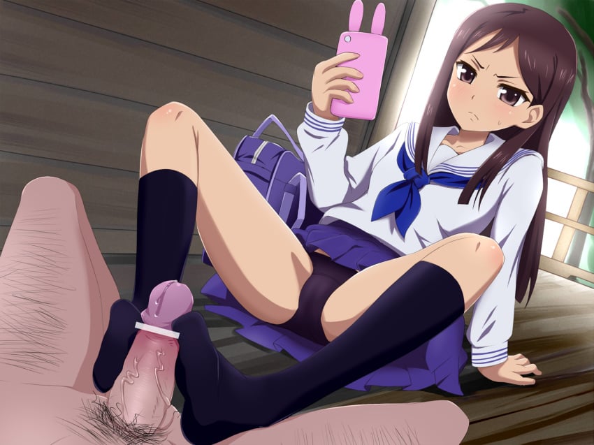 1boy angry black_hair black_socks brown_eyes cellphone censored clothing female footjob frown hanasaku_iroha highres knee_socks kneehighs kneesocks long_hair mjn multitasking panties penis phone pubic_hair school_uniform serafuku socks solo_focus spread_legs tsurugi_minko underwear