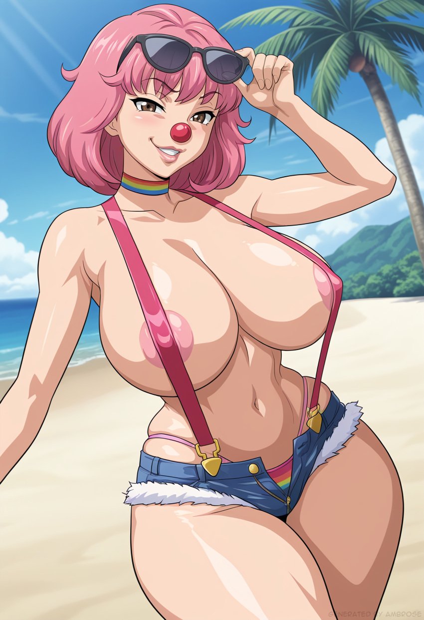 1girls ace_attorney ai_generated ambrose big_breasts bikini_bottom brown_eyes choker clown_girl clown_nose clussy daytime denim_shorts female geiru_toneido hourglass_figure micro_shorts nipple_peek ocean pink_hair pink_nipples self_upload short_hair smug_face stable_diffusion sunglasses sunglasses_on_head suspenders thick_thighs topless wide_hips
