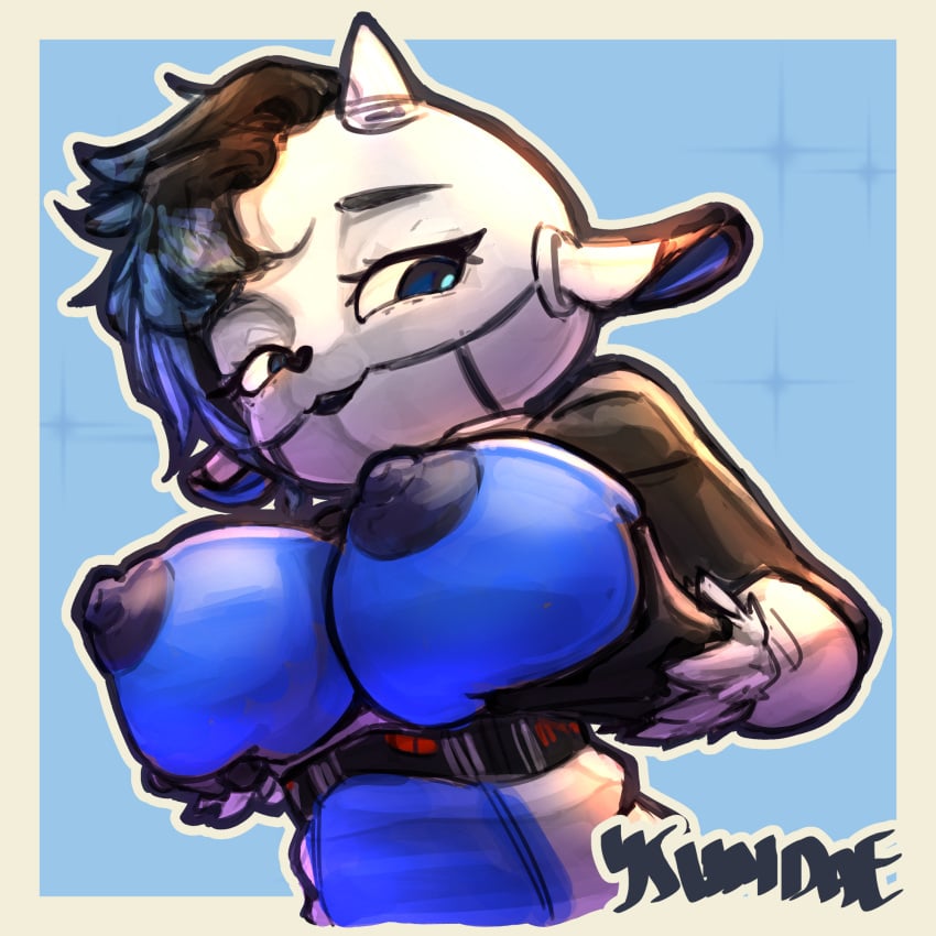 1:1 2025 android anthro bovid breast_grab breast_squish breasts bust_portrait caprine colored digital_drawing_(artwork) digital_media_(artwork) female hand_on_breast hi_res holding_breast horn low-angle_view machine mammal nipples portrait robot sheep signature simple_background solo squish watermark ysundae