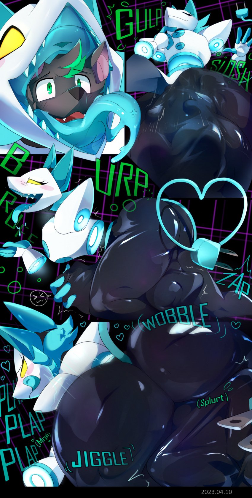 absurd_res android anthro anthro_pred anthro_prey ass bat belly big_belly big_butt blue_body blue_tongue bodily_fluids burping butt_jiggle butt_shot deltarune digestion digestion_noises drooling duo electrical_plug_tail female female_pred grey_body heart_symbol hi_res jiggling latex machine male male/female mammal mouth_shot onomatopoeia open_mouth oral_vore robot saliva seonmi sitting sound_effects stomach_bulge swallowing tasque_manager text tongue undertale_(series) vore weight_gain white_body willing_prey