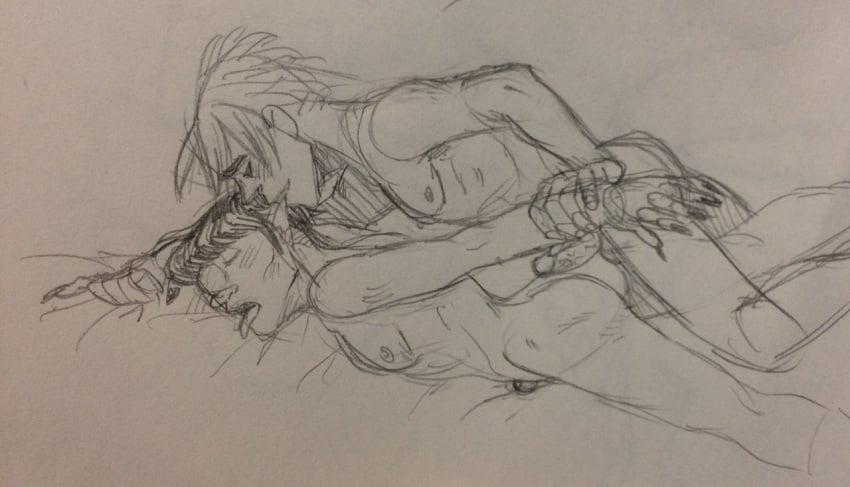 2d_(gorillaz) biting_ear closed_eyes fucked_from_behind gay gorillaz long_ears long_nails male_only murdoc_niccals pleased pleasure_face sketch tongue_out traditional_art younger_penetrating_older