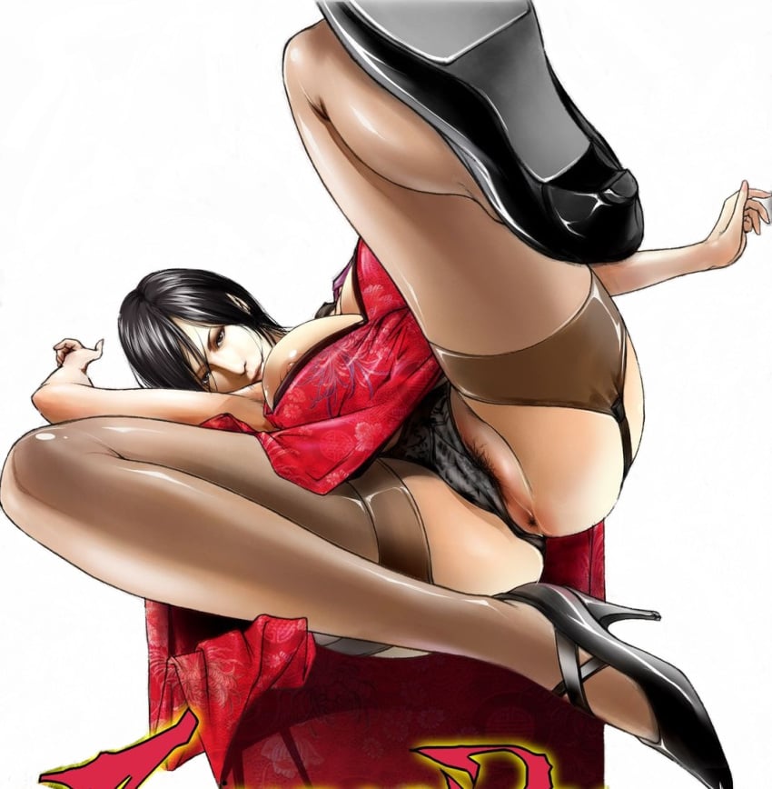 ada_wong ada_wong_(caroline_ribeiro) anus artist_request asian black_hair breasts capcom chinadress dress dress_aside female female_only garter_belt high_heels highres huge_breasts human looking_at_viewer lying nipples panties panties_aside pubic_hair resident_evil resident_evil_4 short_hair simple_background smile solo thighhighs