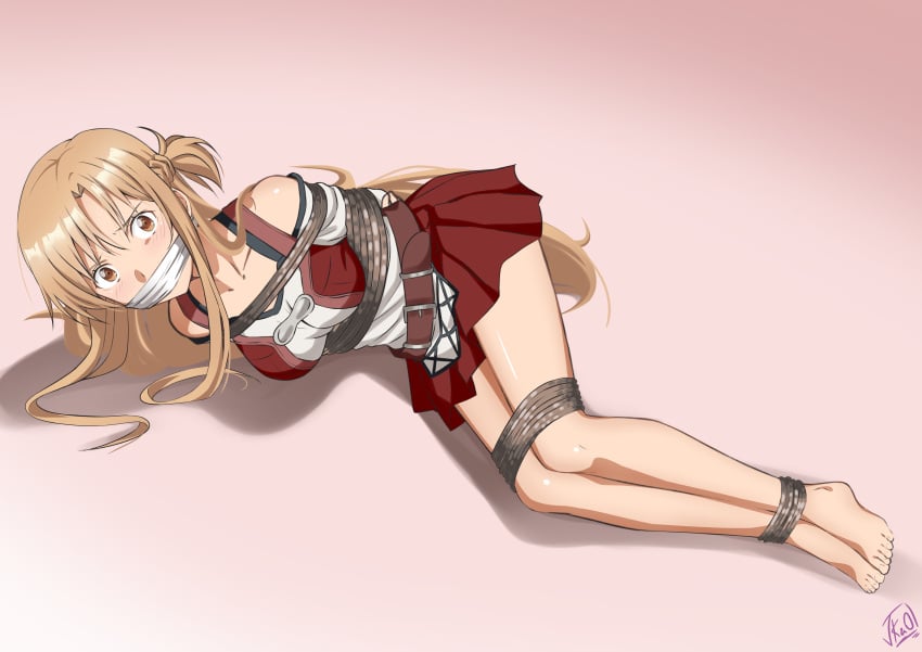 1girls asuna_(sao) barefoot bondage bound_and_gagged breast_bondage damsel_in_distress feet female female_only female_solo gagged otm_gag rope_bondage shoes_removed solo solo_female solo_only sword_art_online tied tied_arms tied_legs tied_up vaka yuuki_asuna