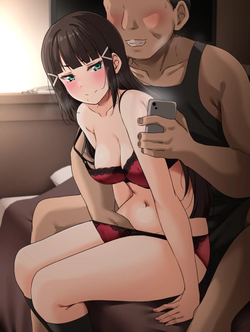 1girls blush bra bra_strap female fingering green_eyes holding_phone kurosawa_dia long_hair love_live!_sunshine!! naked panties phone sitting sitting_on_bed ugly_bastard yopparai_oni