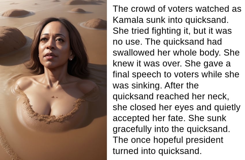 1girls 92839283 ai_generated beach breasts female muscular nude quicksand sinking story text