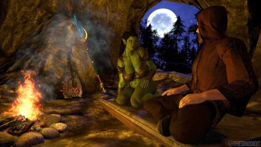 big_ass big_breasts cave fanart fantasy female green-skinned_female green_skin human human_male light-skinned_male light_skin magic male night orc orc_female original original_character outdoors thedinodidit warrior wip