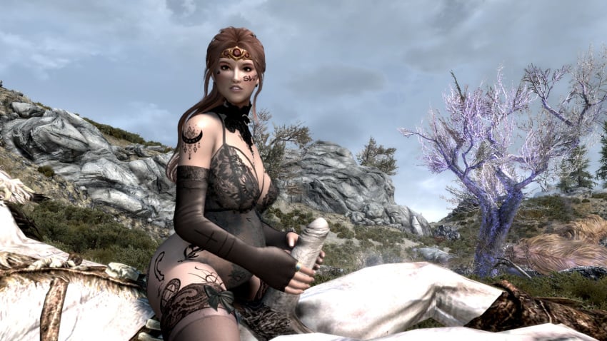 3d big_breasts brown_hair giant_(skyrim) giant_penis handjob lace_trim long_gloves male_pubic_hair penis pregnant screencap sitting sky skyrim succubus tattoo the_elder_scrolls tree video_game_character video_games