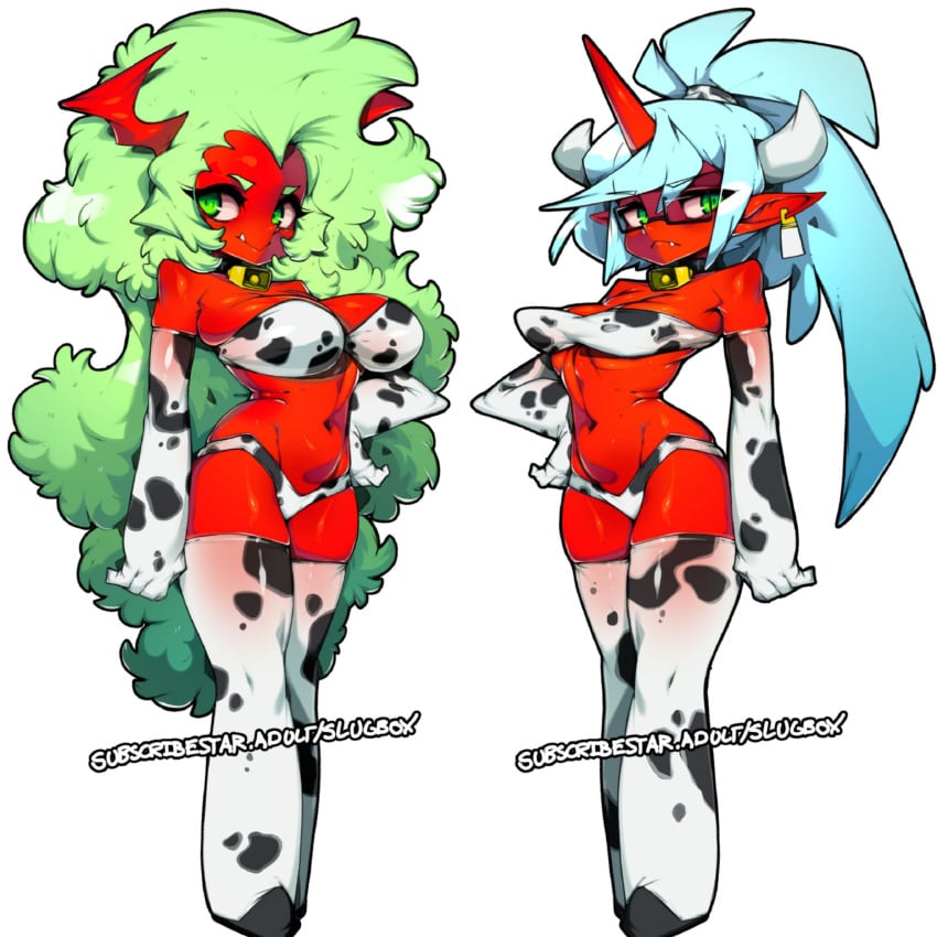 2demons blue_hair cow_print cowprint_bikini cowprint_lingerie demon demon_girl demon_girls demon_horns demon_tail demons green_hair kneesocks_daemon panty_&_stocking_with_garterbelt red_skin scanty_daemon siblings sisters slugbox tagme yellow_eyes