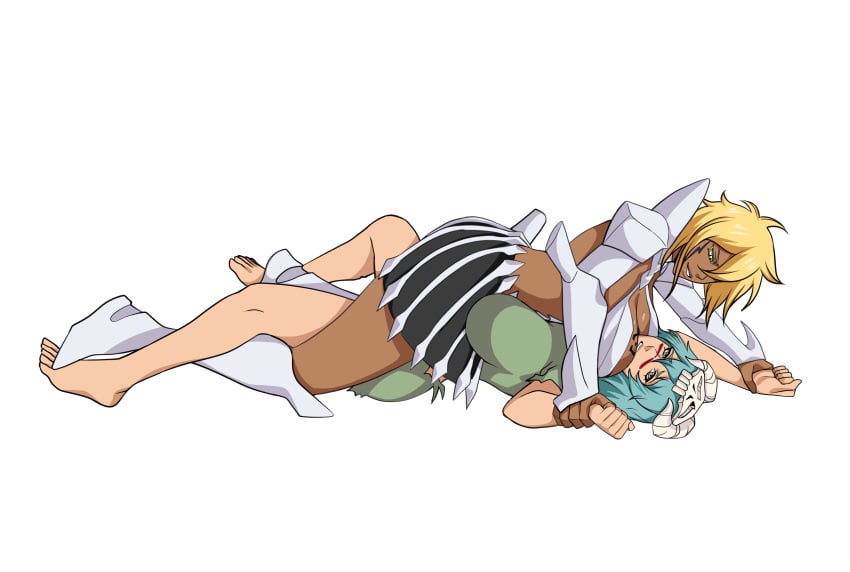 2girls bleach breasts catfight dark-skinned_female dark_skin degato female female_only fight huge_breasts interracial light-skinned_female mature_female nelliel_tu_odelschwanck simple_background tagme thick_thighs tia_harribel tier_harribel wrestling