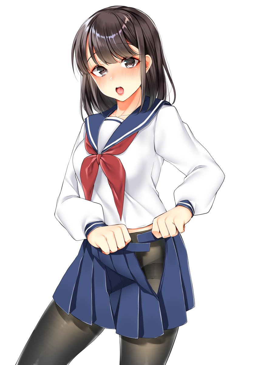 1girls :o absurdres blouse blue_skirt blush breasts brown_eyes brown_hair buta_tamako commentary cowboy_shot dressing highres lips long_sleeves looking_at_viewer medium_breasts miniskirt neckerchief open_mouth original panties panties_under_pantyhose pantyhose pleated_skirt school_uniform serafuku shirt sidelocks simple_background skirt solo teeth thighband_pantyhose underwear white_background white_shirt