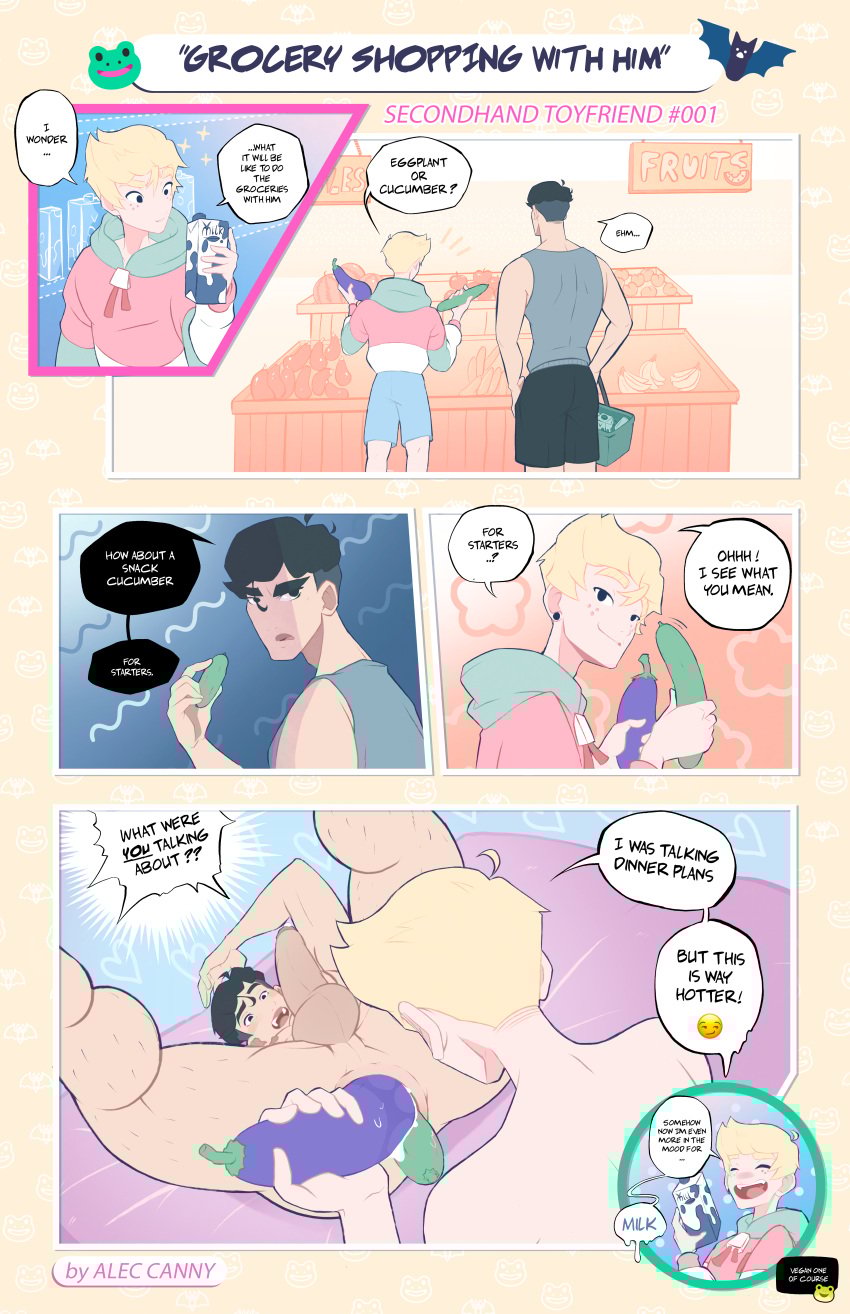 aleccanny anal anal_sex ass ass_focus bed bedroom black_hair black_hair_male blonde_hair blonde_hair_female color colored comic english_text eyes gay gay_anal gay_male gay_sex hair male male/male male_focus male_only marked muscular muscular_male original original_character penetration small_dom_big_sub small_top_big_bottom text twink vegetable vegetable_dildo vegetable_in_ass yaoi