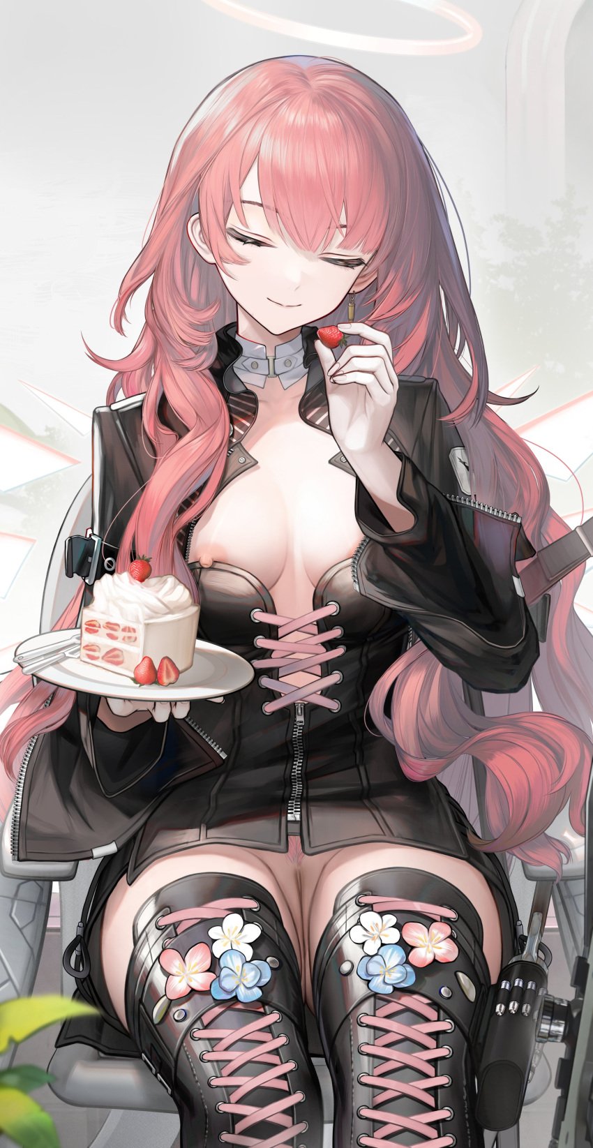 absurdres areola_slip arknights black_bow black_dress black_jacket black_shorts black_thighhighs blue_flower boots bow breasts cake cake_slice closed_eyes closed_mouth collar colored_pubic_hair dress earrings energy_wings female female_pubic_hair flower food footwear_flower fruit grey_background halo highres holding holding_plate jacket jewelry lemuen_(arknights) long_hair long_sleeves nipple_slip nipples nopetroto pink_flower pink_hair pink_pubic_hair plant plate pubic_hair pussy shorts simple_background single_earring sitting smile solo strawberry thigh_boots thighhighs thighs uncensored white_collar white_flower wings