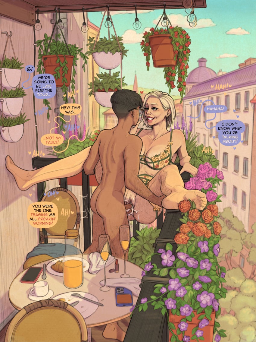 1boy 1girls 2d 2d_(artwork) age_difference balcony big_penis blonde_female blonde_hair blonde_hair_female breakfast caressing_face caucasian_female cum_in_pussy cum_inside dark-skinned_male dialogue fit_male flower food gagan_stuart glasses glasses_on_head guiltymerchant hairy hairy_male huge_cock interracial interracial_sex large_penis light-skinned_female lingerie milf missionary_position muscular_male older_female orange_juice original_character original_characters paris public_sex rebecca_richardson risky_sex sex sex_on_balcony smartphone standing_missionary straight tagme teenager vaginal_penetration vaginal_sex younger_male