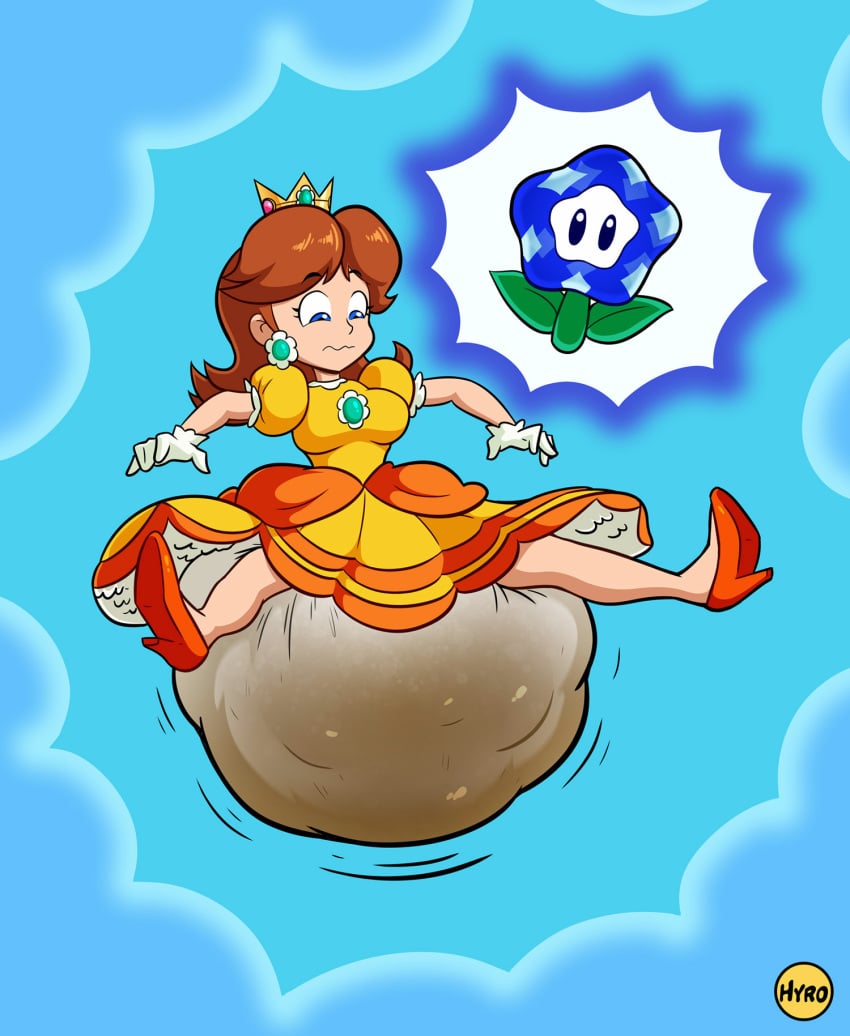 1girls blue_eyes brown_hair diaper embarrassed female fully_clothed hyrosdiaperdivas light_skin mario_(series) messy_diaper princess_daisy scat scat shit shit shitting simple_background soiling soiling_diaper super_mario_bros. super_mario_bros._wonder wonder_flower