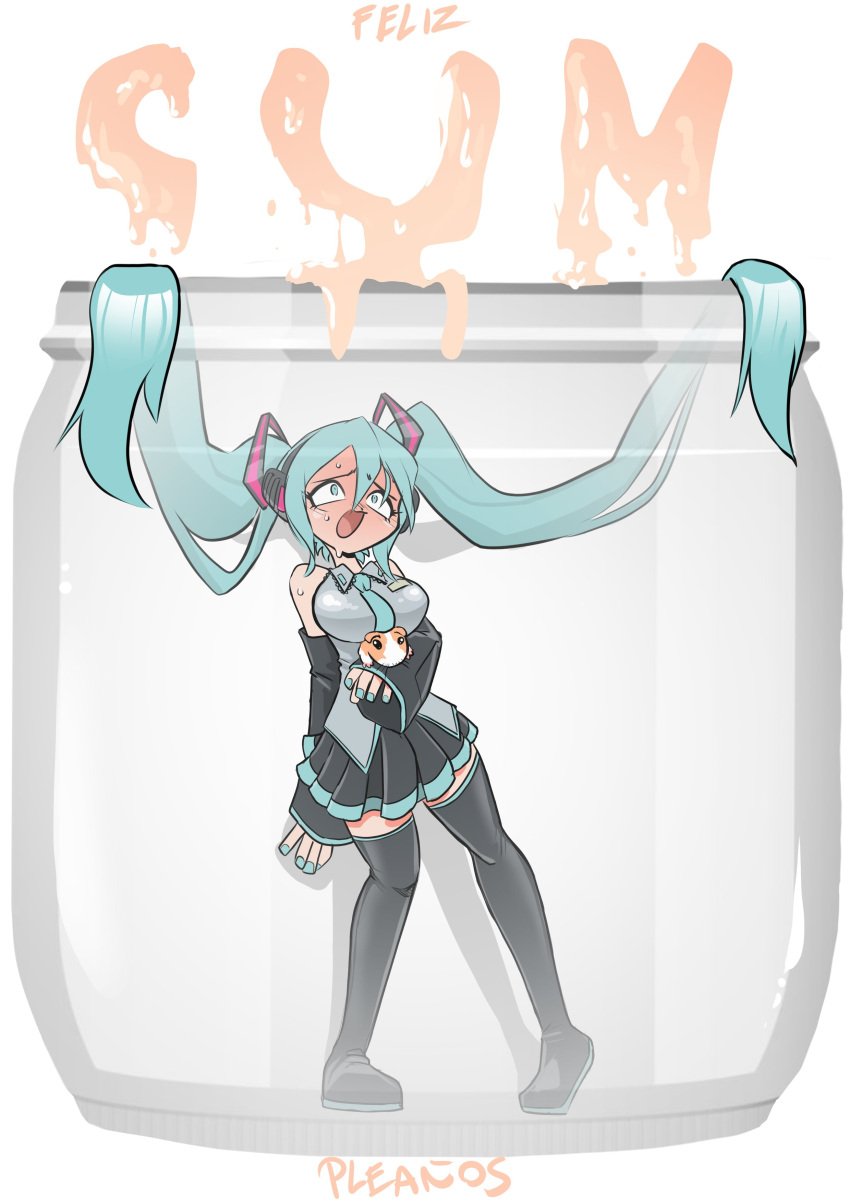 1girls aqua_eyes aqua_hair big_breasts blush breasts cum_jar cum_jar_(meme) detached_sleeves feliz_navidad female full-face_blush hamster hatsune_miku holding_animal meme minigirl painted_nails skirt solo_focus thekinkyquest thigh_boots twintails very_long_hair vocaloid zettai_ryouiki