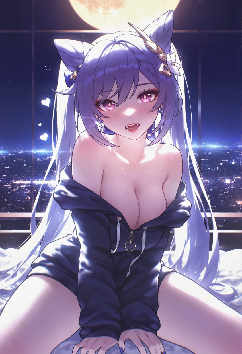 :d absurd_res ai_generated alternate_costume arm_support armpit_crease arms_between_legs backlighting bare_shoulders between_legs black_hoodie black_jacket blue_bow blush bow braid breasts building city city_lights cityscape cleavage collarbone cone_hair_bun cowboy_shot diamond-shaped_pupils diamond_(shape) double_bun drawstring drop_earrings earrings eyeshadow fangs female fingernails flower full_moon genshin_impact hair_between_eyes hair_bun hair_ears hair_flower hair_ornament hairbow hairclip hand_between_legs head_tilt heart heart-shaped_pupils heart_earrings hood hood_down hooded_jacket hoodie indoors jacket jewelry keqing_(genshin_impact) large_breasts long_fingernails long_hair long_sleeves looking_at_viewer makeup medium_breasts ministro moon moonlight nail_polish naked_hoodie naked_jacket neck_tassel night night_sky no_bra no_pants off_shoulder on_bed open_mouth partially_unzipped pink_eyes purple_bow purple_eyes purple_hair purple_hoodie purple_jacket purple_nails sidelocks sitting sky skyline sleeves_past_wrists smile solo spread_legs star_(sky) sweater swept_bangs symbol-shaped_pupils teeth thighs tongue twintails upper_teeth_only v_arms very_long_hair window zipper zipper_pull_tab