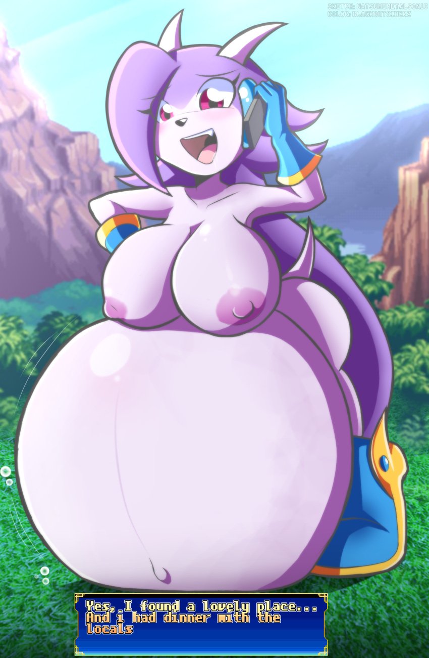anthro aquatic_dragon big_belly big_breasts dialogue dragon english_text female female_protagonist freedom_planet natsumemetalsonic nude nude_female sash_lilac sonickasuteryon video_games vore water_dragon
