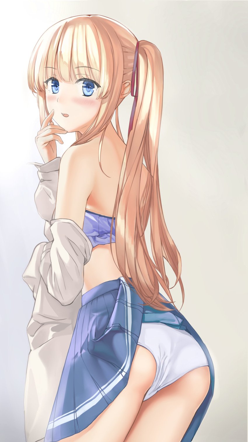 1girls absurdres ass blonde_hair blue_bra blue_eyes blue_skirt blunt_bangs blush bra clothes_lift commentary_request cowboy_shot hair_ribbon highres long_hair miniskirt nangong_nara open_mouth panties pleated_skirt ribbon saenai_heroine_no_sodatekata sawamura_spencer_eriri school_uniform skirt skirt_lift solo standing toyogasaki_academy_school_uniform twintails underwear undressing very_long_hair white_panties