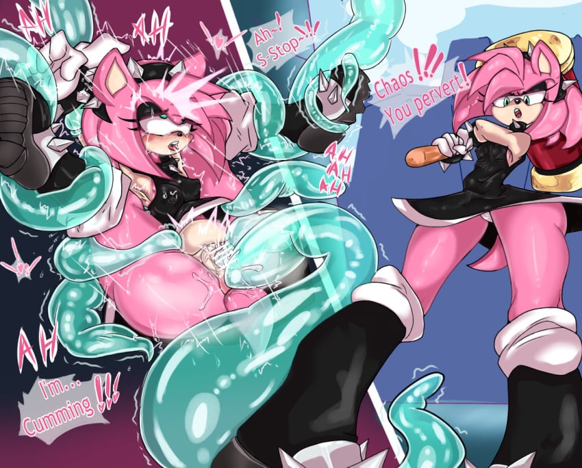 ahe_gao amy_rose before_and_after breasts chaos_(sonic) erect_nipples female forced green_eyes hedgehog male nipples pink_fur pussy rape sega slime sodarumia sonic_(series) tentacle water