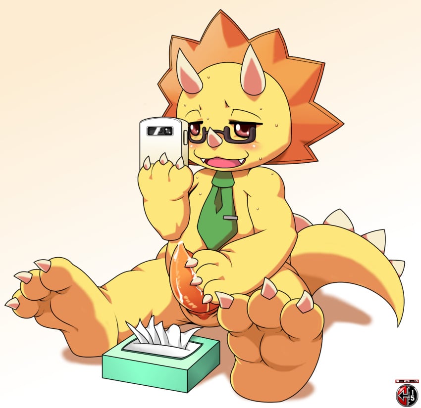 1boy amagi_brilliant_park anthro barefoot blush claws cum cum_on_hand cum_on_penis cute dinosaur erection eyewear furry furry_only genital_slit glasses half-closed_eyes horn kivwolf male male_only masturbation nude on_floor open_mouth orgasm penis phone sharp_claws sharp_teeth sitting smile solo sweat tie toe_claws triceratops triken