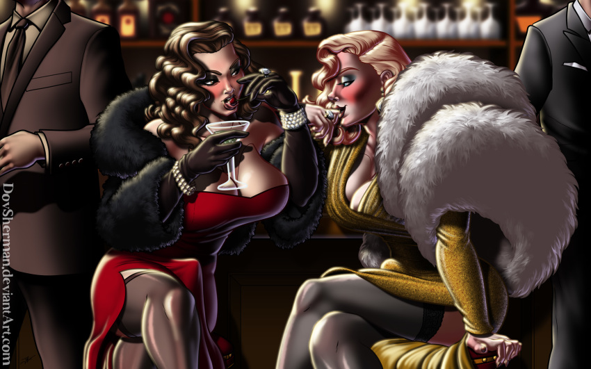 bar blonde_hair blue_eyes breast_forms brown_eyes brown_hair bulge business_suit cherry classy cleavage crossdressing dovsherman dress drink earrings elbow_gloves fake_breasts fur glass gloves male stockings stool thighhighs tongue tongue_out trap