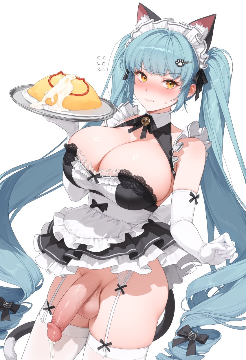1futa ai_generated aqua_hair blush cat_ears cat_tail cleavage cum_on_food cumdrip elbow_gloves flying_sweatdrops frills futanari garter_straps goddess_of_victory:_nikke hair_clip holding_tray irofox large_breasts looking_at_viewer maid maid_apron maid_headdress neck_bell omurice penis privaty_(nikke) privaty_(unkind_maid)_(nikke) simple_background solo sweatdrop testicles twintails uncensored very_long_hair white_background white_gloves white_thighhighs yellow_eyes
