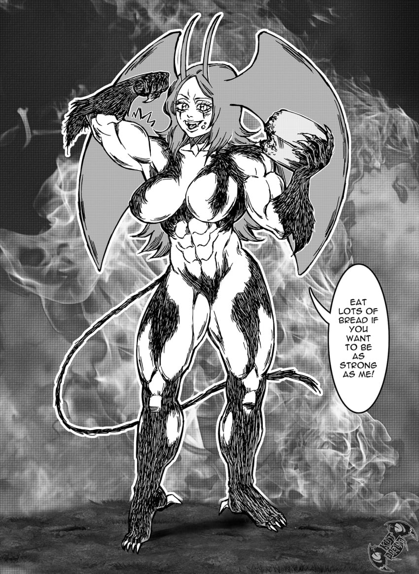 1girls abs akuja-dream antennae athletic_female bat_wings big_breasts black_and_white bleach bread clawed_fingers claws crossover demon_girl demon_tail deviantart devilman devilman_lady dialogue eight_pack fit fit_female flexing flexing_bicep futanari inoue_orihime long_hair looking_at_viewer monochrome muscular muscular_arms muscular_female muscular_legs muscular_thighs nipples smile smiling smiling_at_viewer sweat