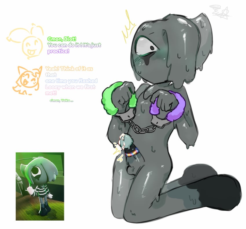 blot_(dandy's_world) blush cock_ring cum dandy's_world dandys_world dialogue dripping dripping_cum grey_body handcuffed handcuffs on_knees reference_image roblox roblox_game scared_expression scared_face shiny_skin watermark