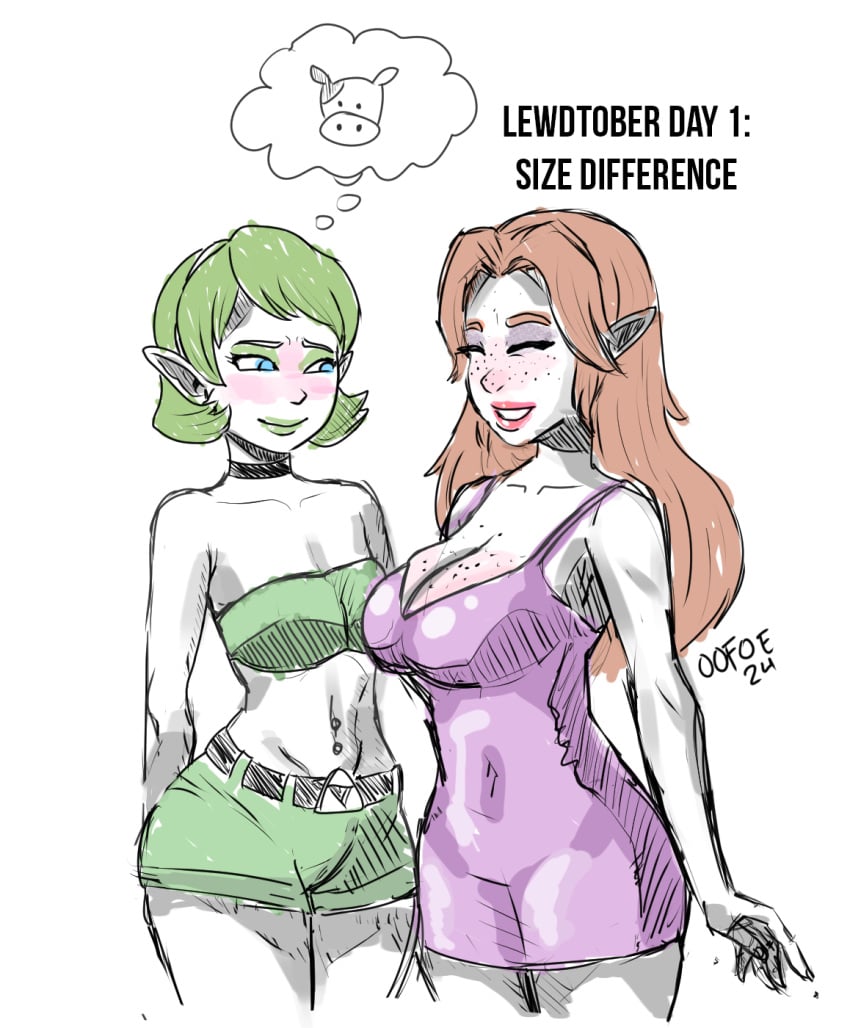 2girls belly_button blue_eyes bodycon breast_envy breast_size_difference choker dress elf elf_ears envy eyeshadow female freckles freckles_on_breasts freckles_on_face green_eyeshadow green_hair green_lips green_lipstick inktober large_breasts lipstick makeup malon navel_piercing ocarina_of_time oofoe orange_hair pierced_navel piercing saria self_upload short_dress short_hair short_shorts small_breasts the_legend_of_zelda the_legend_of_zelda:_ocarina_of_time tight_clothing